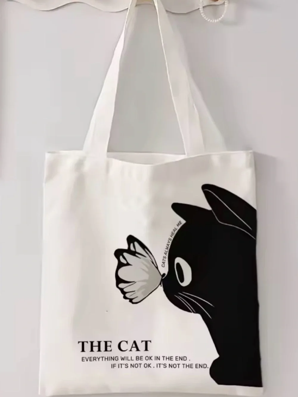 Black and White Cat Tote Linen Canvas Bag